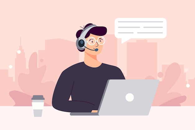 hombre con auriculares y micrófono en la computadora. Ilustración del concepto de soporte, asistencia, centro de llamadas. Contáctenos. Ilustración de vector de estilo plano de dibujos animados.