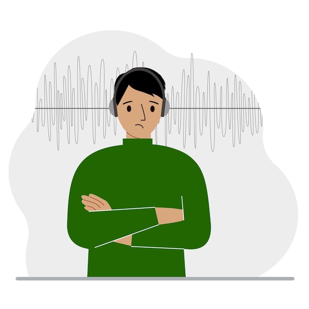 Hombre con auriculares y una pista de sonido Concepto de podcast en línea, radio, libros en línea, aprendizaje en línea y música