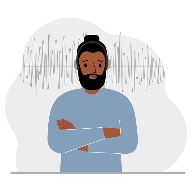 Hombre con auriculares y una pista de sonido Concepto de podcast en línea, radio, libros en línea, aprendizaje en línea y música