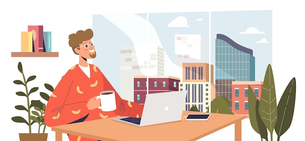 Hombre autónomo que trabaja en la computadora portátil en el moderno centro espacial de coworking en el centro con vista a la ciudad. Programador autónomo o diseñador web en el lugar de trabajo. Ilustración de vector plano de dibujos animados