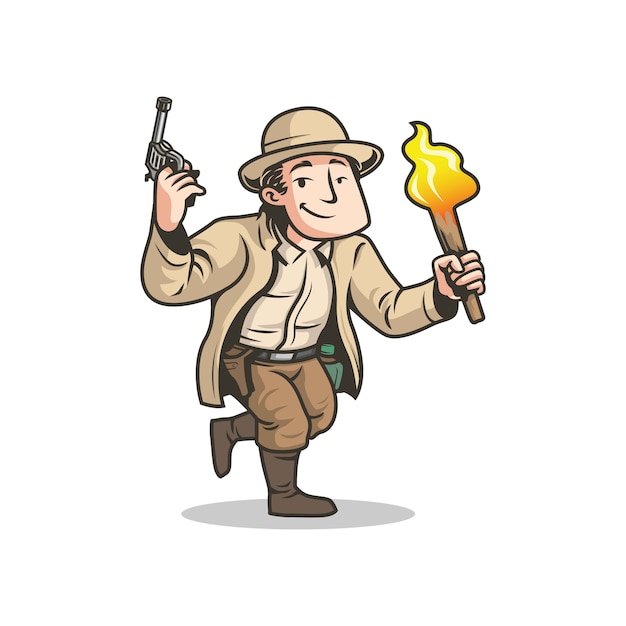 Vector hombre de aventuras corriendo con pistola y antorcha. personaje de dibujos animados aislado.