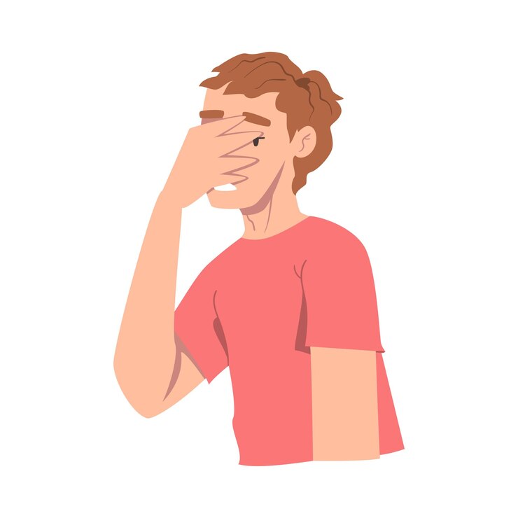 Vector hombre avergonzado cubriendo su cara con la mano persona arrepentida disculpándose y pidiendo disculpas al estilo de dibujos animados
