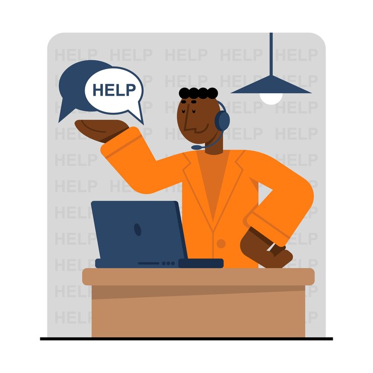 Vector hombre ayudando al cliente hablando a través de la computadora portátil soporte al cliente en línea las 24 horas en todo el mundo