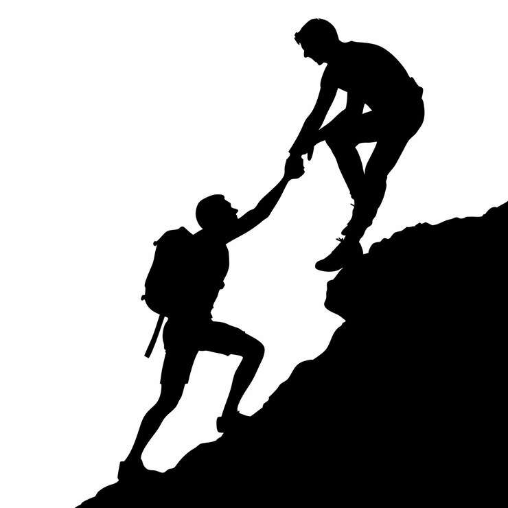 Vector un hombre ayudando a otro a escalar la silueta del vector de la montaña