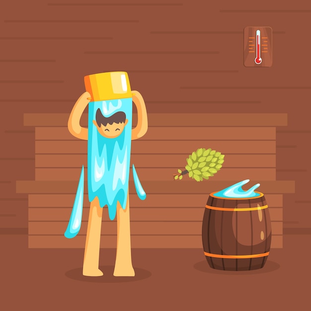 Hombre bañándose en una casa de baño de madera o sauna Hombre lavando su cuerpo Ilustración vectorial Diseño web