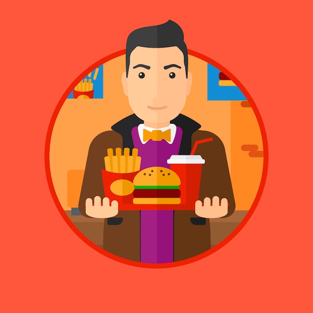 Vector hombre con bandeja llena de comida rápida.