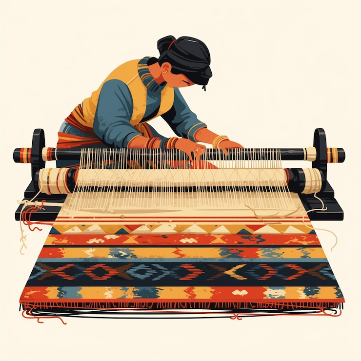 Vector hombre de bangladesh con equipo de tejedor tradicional en el telar