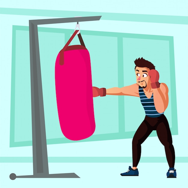 Vector hombre con barba do punch bag entrenamiento ilustración