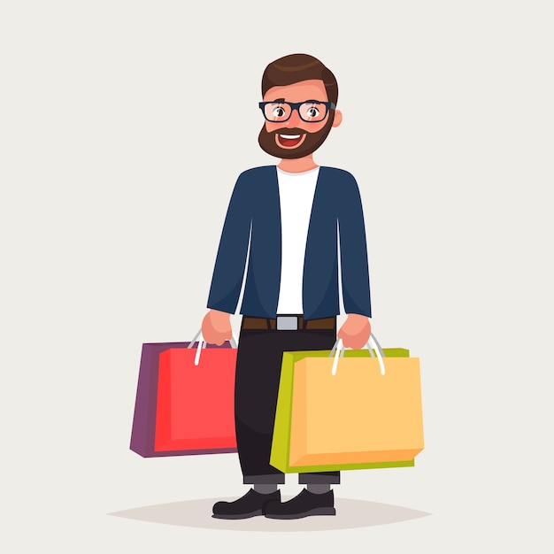 Hombre con barba hipster en gafas está de compras