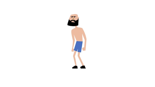 Un hombre con barba y pantalones cortos azules está parado frente a un fondo blanco.