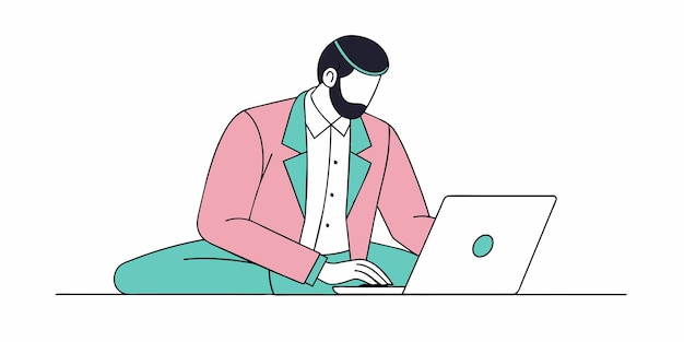 un hombre con barba se sienta en una computadora portátil con un círculo verde en la parte superior