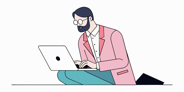 un hombre con barba se sienta en una computadora portátil y lee "está trabajando en una laptop"