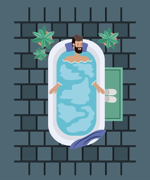 Hombre con barba tomando un diseño de ilustración de vector de bañera