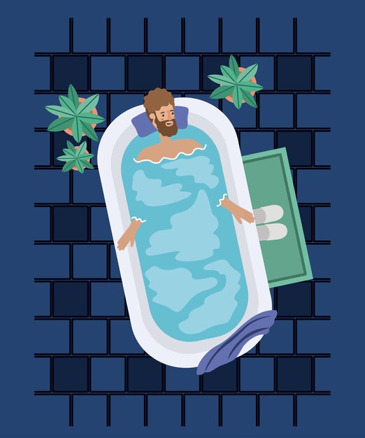 hombre con barba tomando un diseño de ilustración de vector de bañera