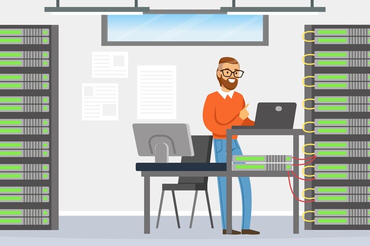 Vector hombre barbudo administrador de sistemas trabajando con gabinete de rack de servidor e ilustración vectorial de computadora