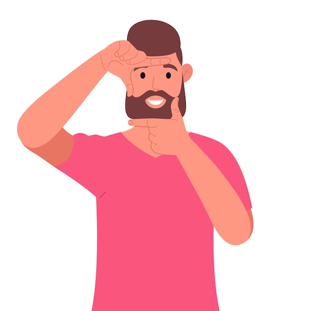 Vector hombre barbudo en camiseta rosa enfocándose con los dedos haciendo marco con las manos ilustración vectorial