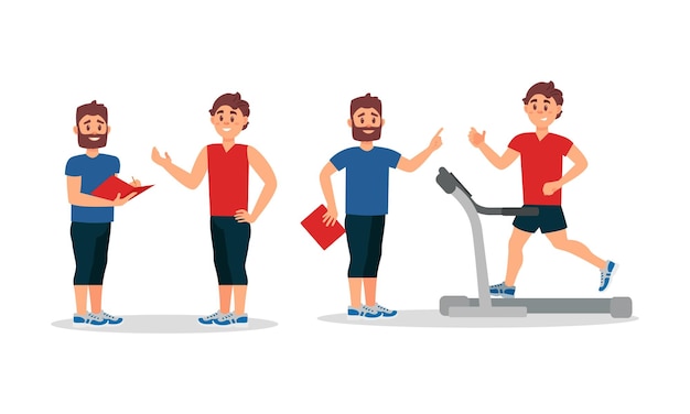 Hombre barbudo como entrenador de fitness o roble dando instrucciones en el gimnasio Conjunto de ilustraciones vectoriales