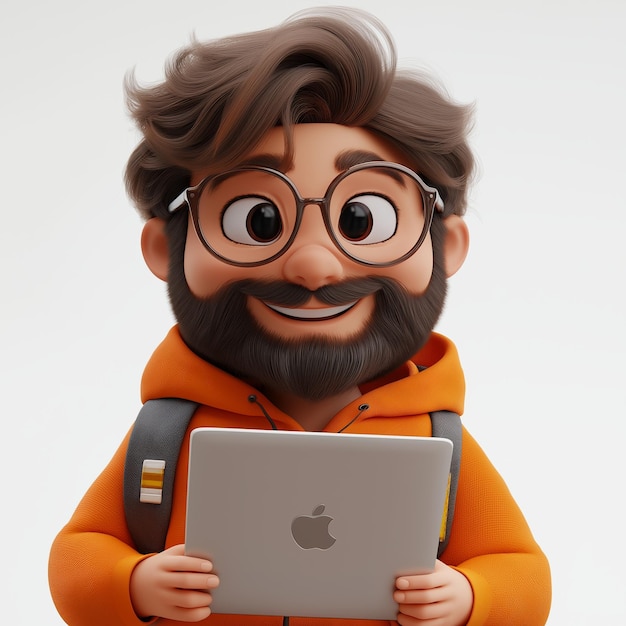 Hombre barbudo de dibujos animados con gafas sosteniendo una computadora portátil