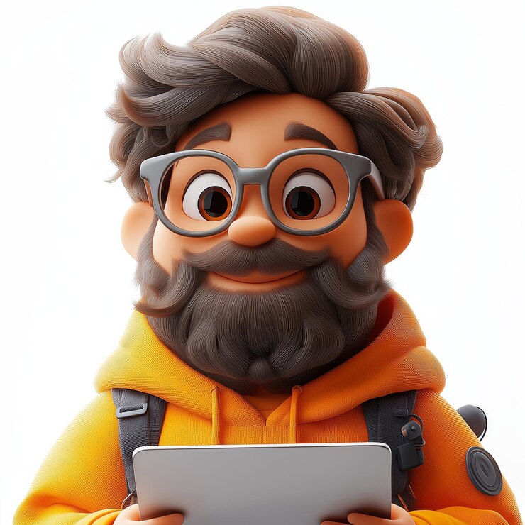 Vector hombre barbudo de dibujos animados con gafas sosteniendo una computadora portátil