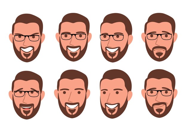 Vector hombre barbudo con diferentes expresiones faciales conjunto aislado conjunto de diferentes emociones personaje masculino guapo emoji con diversas expresiones faciales en estilo de dibujos animados