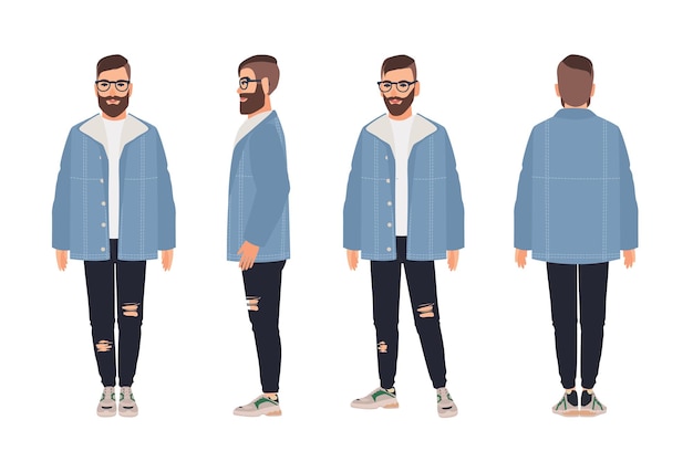 Hombre barbudo con gafas, chaqueta y jeans. Chico hipster vestido con ropa de moda. Personaje de dibujos animados masculino aislado sobre fondo blanco. Traje de estilo callejero. Ilustración de vector de color plano.