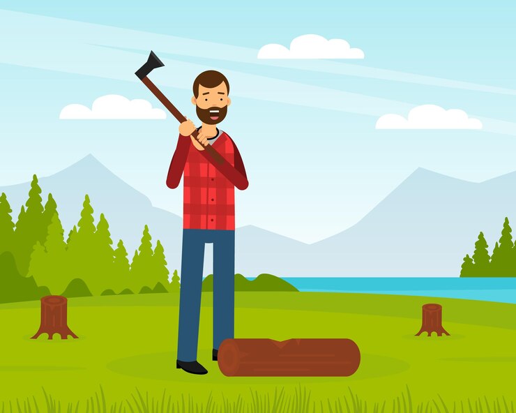 Vector hombre barbudo leñador con camisa a cuadros roja trabajando con cortador de madera e ilustración vectorial de madera