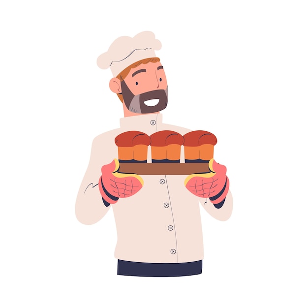 Hombre barbudo panadero en toque sosteniendo pan recién horneado ilustración vectorial