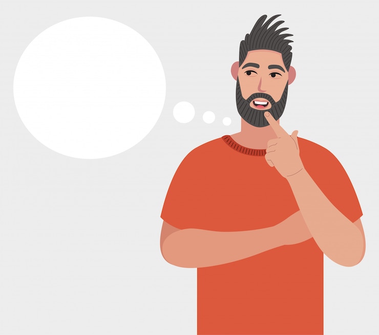 Vector hombre barbudo pensando. reflexionando sobre creencias o ideas particulares, burbuja de nube vacía para texto o imagen
