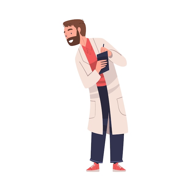 Hombre barbudo personaje científico en abrigo blanco de pie con el portapapeles y escribiendo ilustración vectorial