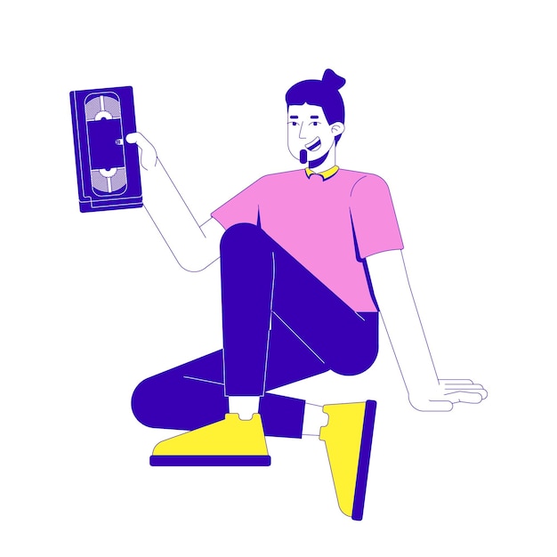 Hombre barbudo sentado casualmente sosteniendo una cinta VHS personaje de dibujos animados 2D