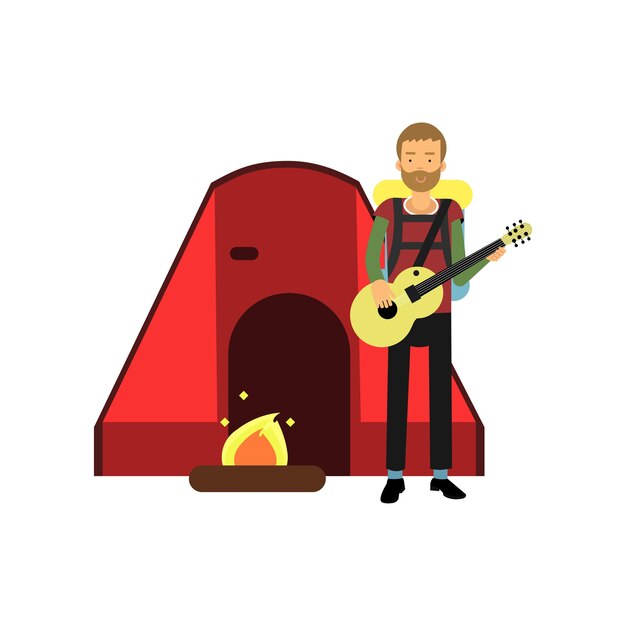 Vector hombre barbudo sonriente tocando la guitarra cerca de la fogata y una gran carpa roja. recreación al aire libre. concepto de diseño de camping o senderismo. personaje turístico de dibujos animados en diseño plano. ilustración de vector aislado en blanco