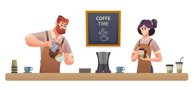 Hombre barista haciendo café y la mujer barista llevando café ilustración