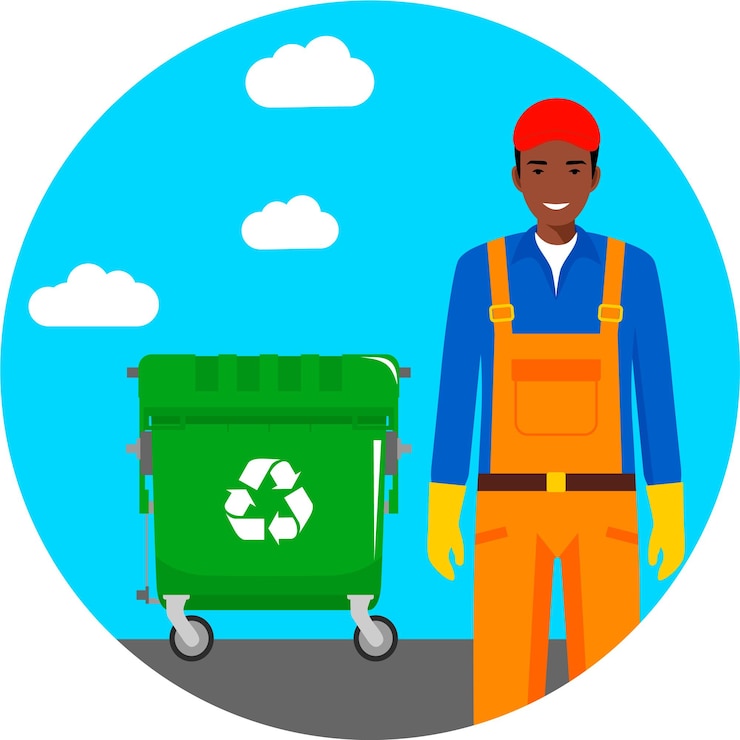 Vector hombre de basura afroamericano de pie en uniforme en el fondo con contenedor de basura con símbolo de reciclaje