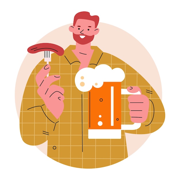 El hombre bebe cerveza con una salchicha. Ilustración de vector de estilo plano.