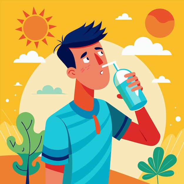 un hombre bebiendo de una botella de agua con el sol detrás de él