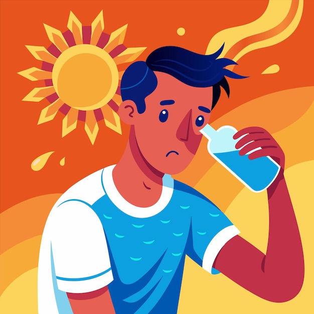 un hombre bebiendo de una botella de agua con un sol en el fondo