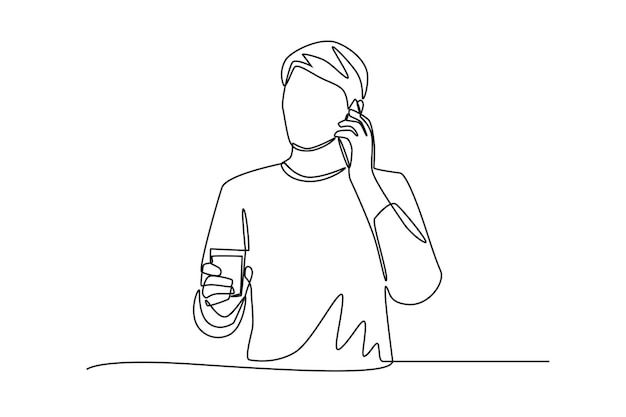Un hombre bebiendo café mientras hace una llamada telefónica haciendo llamadas telefónicas concepto dibujo en línea