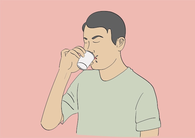 Un hombre bebiendo café de un vaso pequeño Ilustraciones de diseño vectorial de estilo dibujado a mano