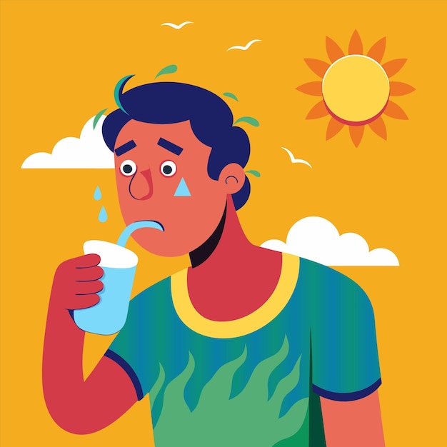 un hombre bebiendo de una taza de leche con un sol en el fondo