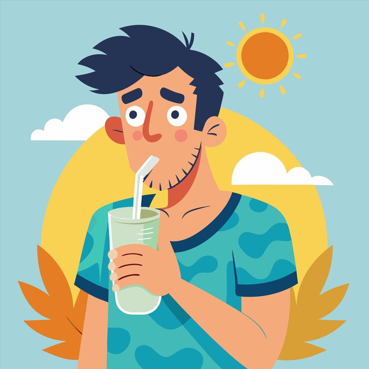 Vector un hombre bebiendo de un vaso con una pajita en la boca