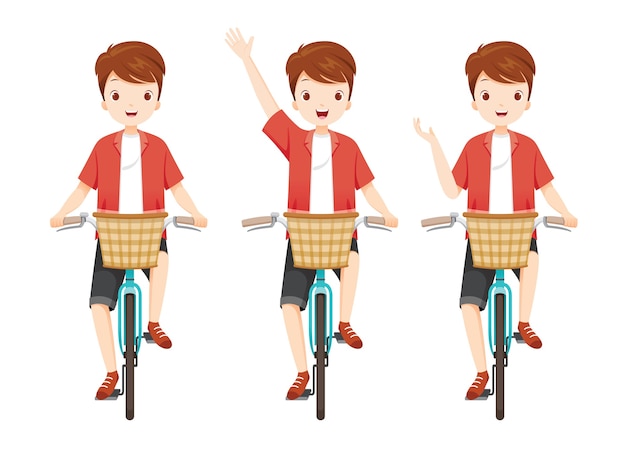 Hombre en bicicleta con cesta delantera en diferentes acciones