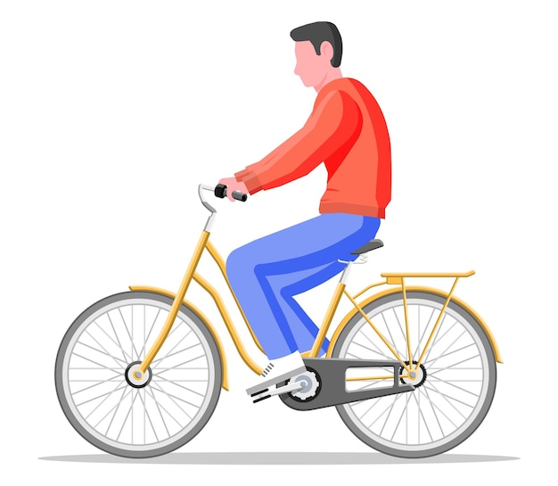 Hombre en bicicleta de la ciudad vieja. Guy paseo bicicleta amarilla vintage aislada en blanco. Vehículo de transporte urbano. Ilustración de vector de estilo plano