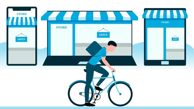 hombre en bicicleta con computadora portátil móvil y tableta tienda fondo entrega negocio ilustración
