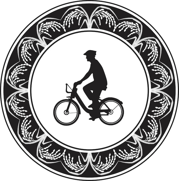 Hombre con bicicleta y marco floral hecho a mano silueta vector