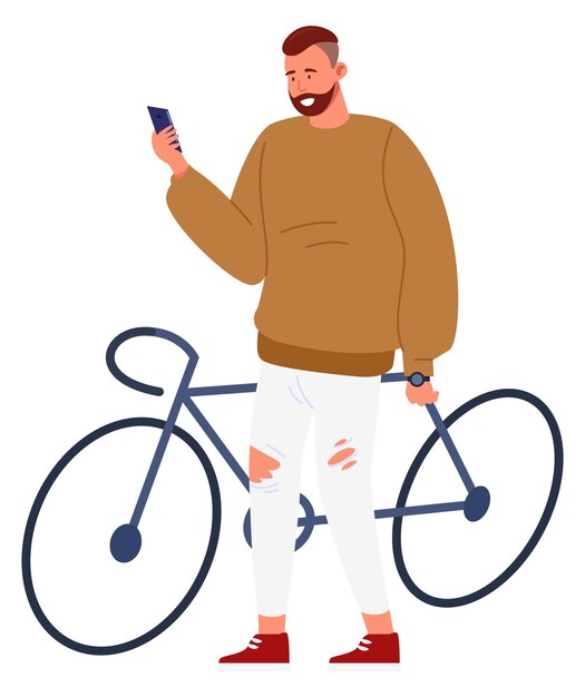 Hombre con bicicleta mirando smartphone adicto digital