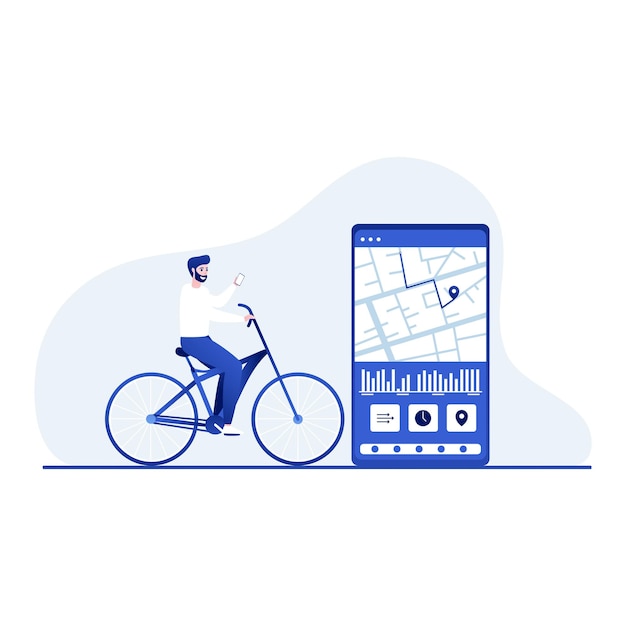 El hombre en bicicleta monta en un navegador. Hombre que usa mapas electrónicos para encontrar la ruta. Dibujo plano vectorial