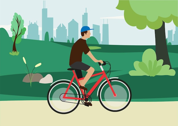 Hombre en bicicleta en el parque Concepto de estilo de vida saludable Entrenamiento deportivo Fitness Vector ilustración plana