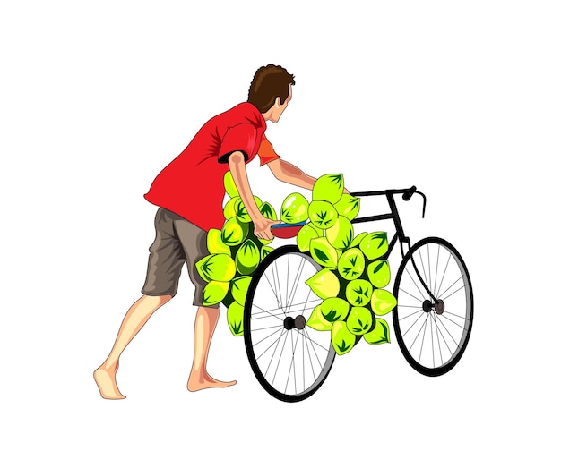 Vector un hombre con una bicicleta vendiendo cocos.