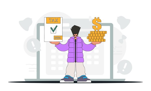 Un hombre bien vestido tiene un formulario de impuestos y monedas en sus manos Ilustración gráfica sobre el tema del pago de impuestos