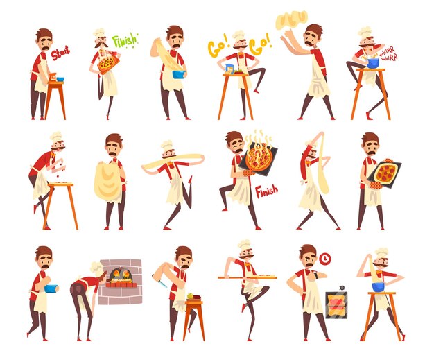 Hombre de bigote que hace pizza en delantal preparando pizza italiana amasando masa conjunto vectorial grande